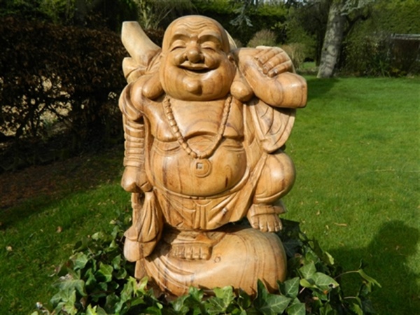 Wooden Buddha Carving - Hand Carved Chinese Laughing Buddha with Leg Up 30cm