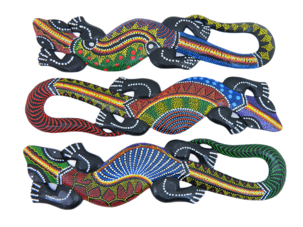 Gecko Wall Art Wooden Aboriginal Gecko Dot Art - Set of Three 50cm Geckos