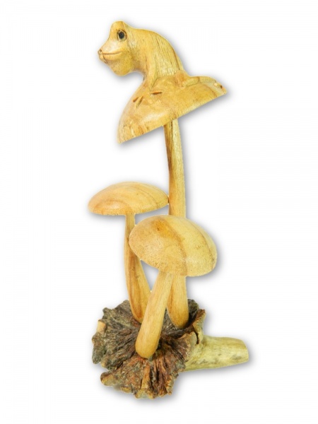 Hand Carving Wooden Frog On Mushroom