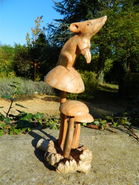 Hand Carving Wooden Rat On Mushroom