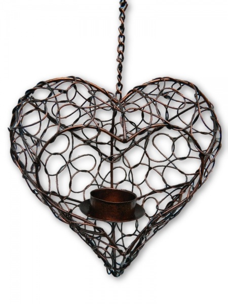 Metal Hanging Heart Tealight Holder - Bronze