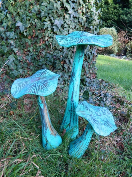 Wooden Flat Mushrooms Green - Set of 3