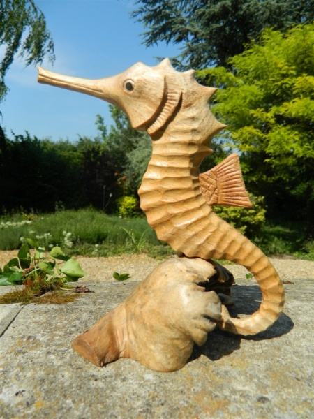 Hand Carving Wooden Sea Horse On Parasite Wood