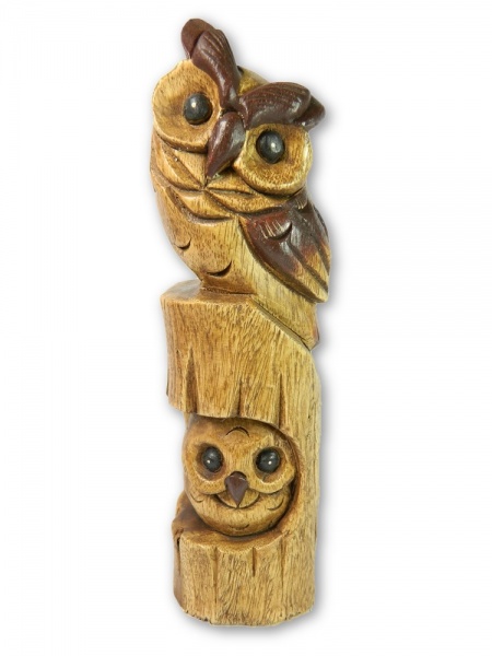 Wooden Owl Carving - Horned Owl on Totem