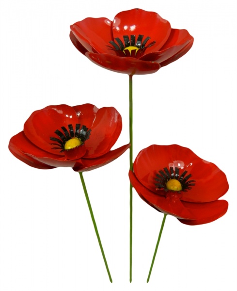 Metal Poppy on 1m Stick - Set of 3 - Red