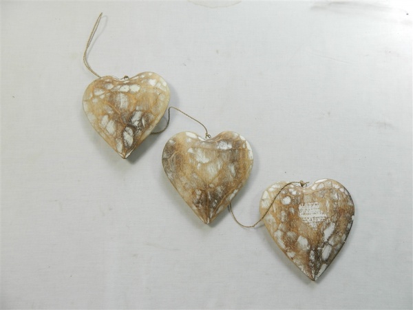 Wooden Hanging Heart Wall Art - String of 3 Shabby Chic Hearts - Vintage White