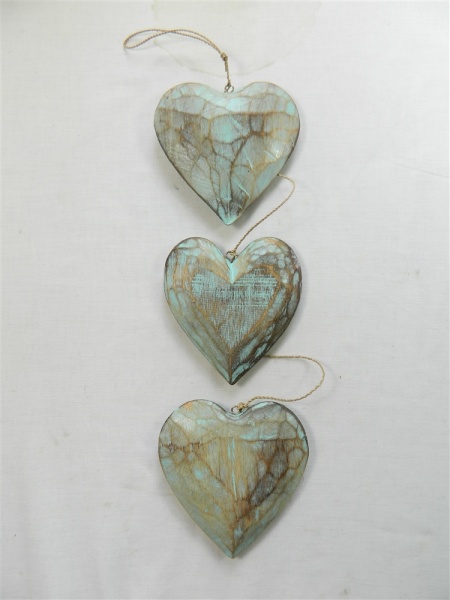 Wooden Hanging Heart Wall Art - String of 3 Shabby Chic Hearts - Vintage Blue