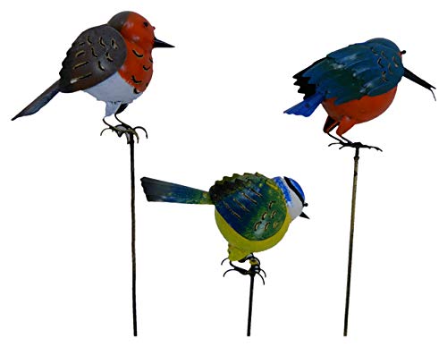 Set of 3 Metal Bird Tealight Holders on 1m Stick - Robin/Kingfisher/Blue Tit