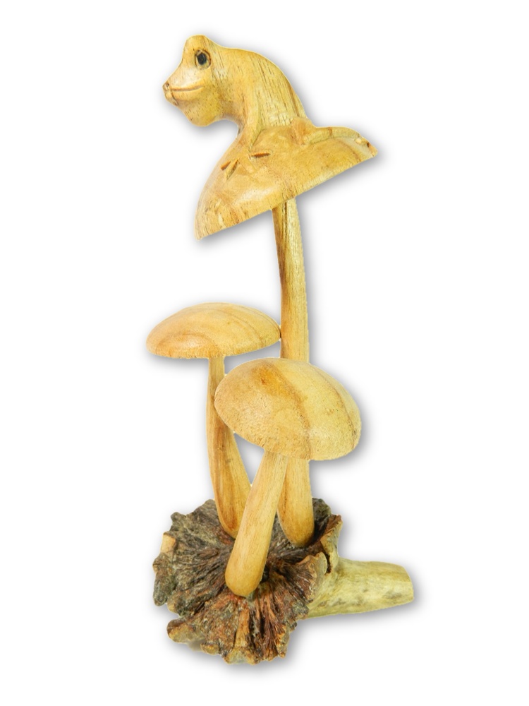 Hand Carving Wooden Frog On Mushroom