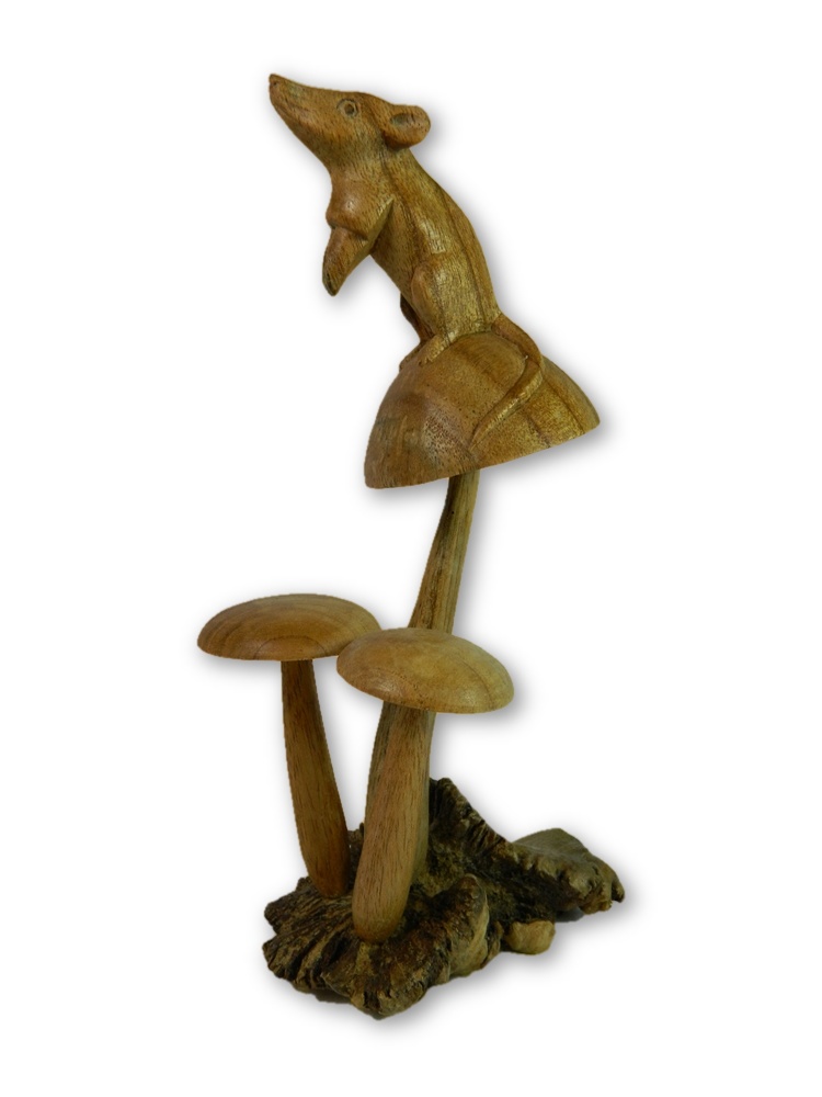Hand Carving Wooden Rat On Mushroom