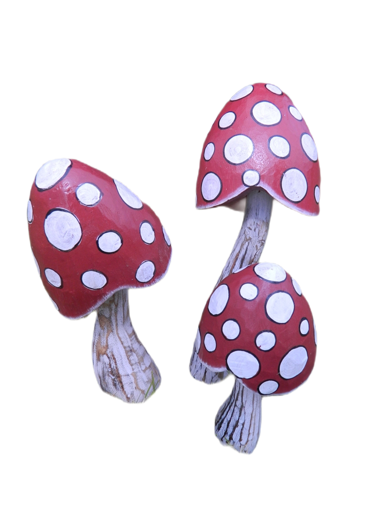 Wooden Fat Red Mushrooms - Set of 3