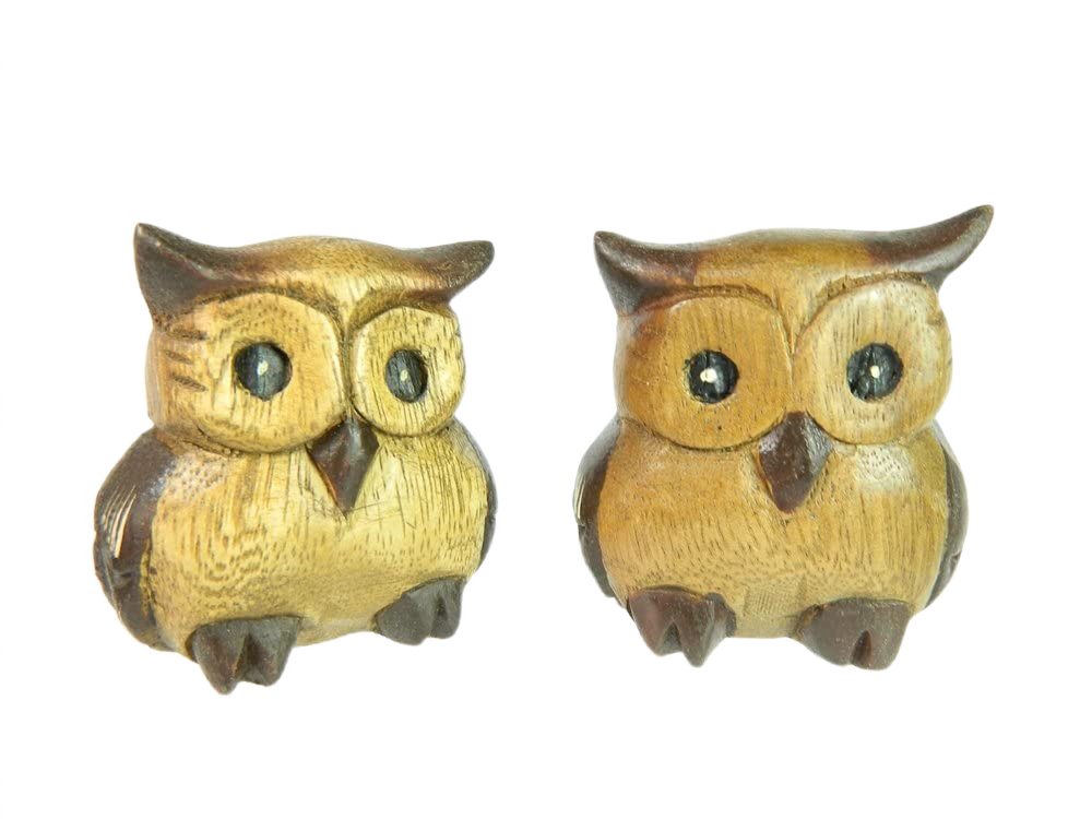 Wooden Owl Carving - Pair of Fat Owls