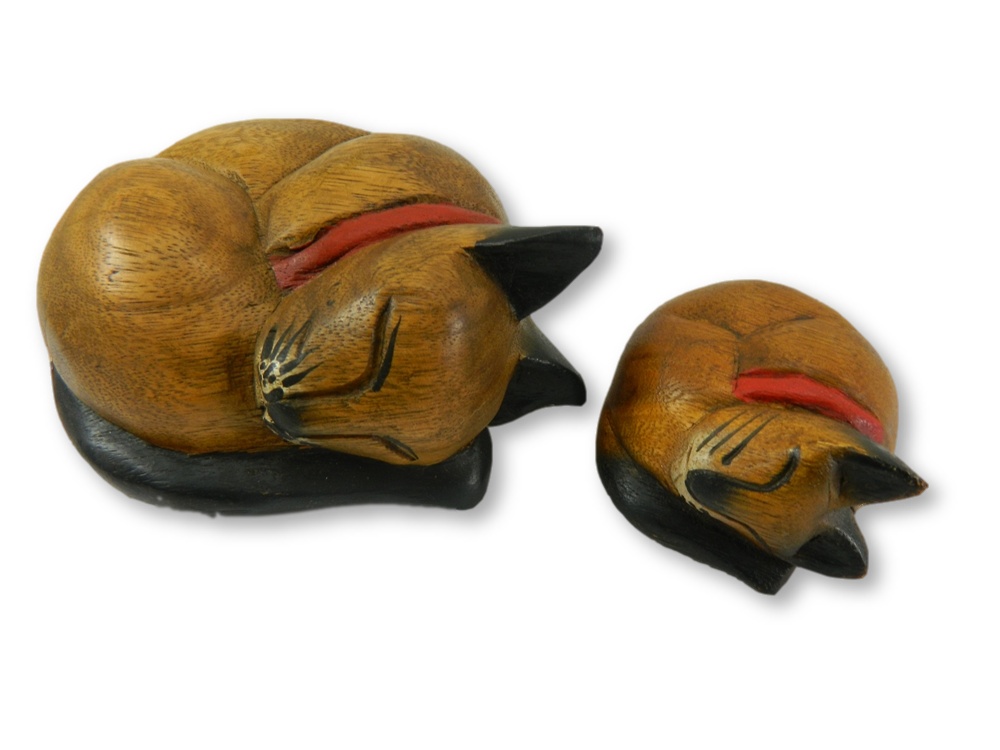 Wooden Cat Carving - Mother And Baby Sleeping Cats