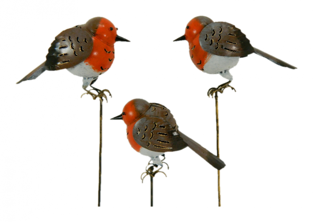 Set of 3 Metal Bird Tealight Holders on 1m Stick - 3 Robin