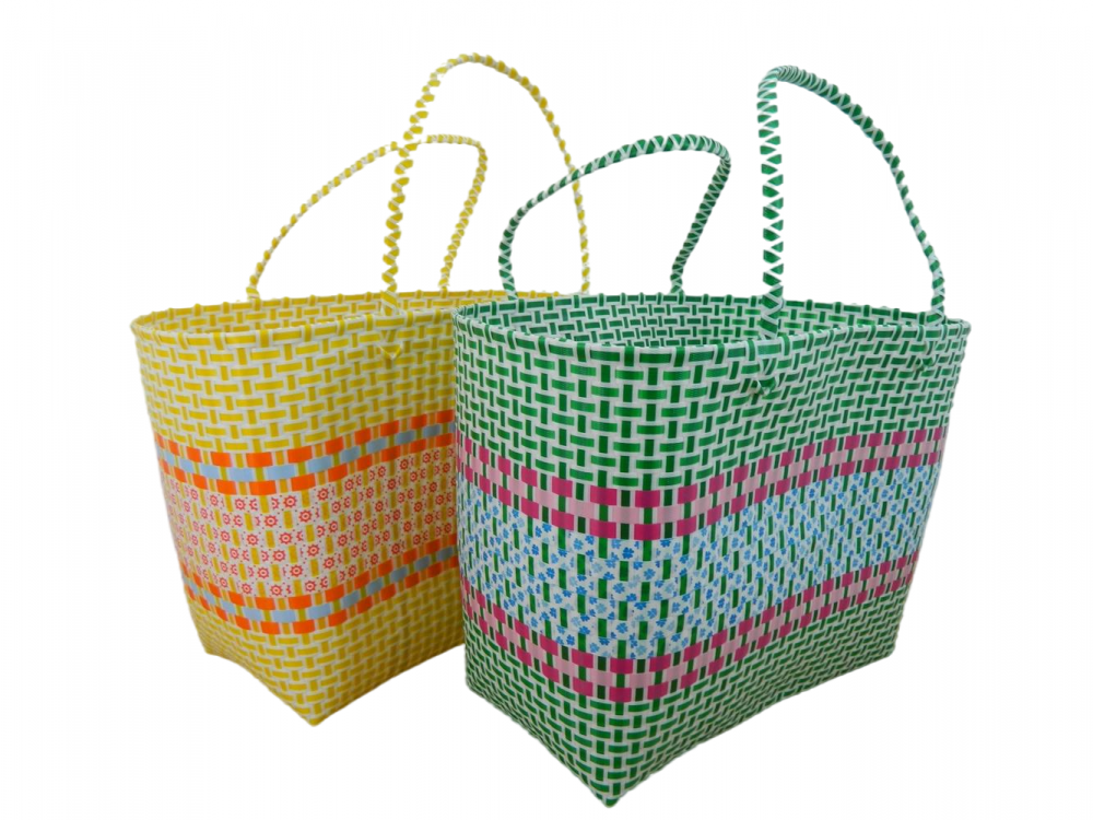 Handmade Recycled Plastic Multi Use Woven Bag - Set Of Two Yellow/Green