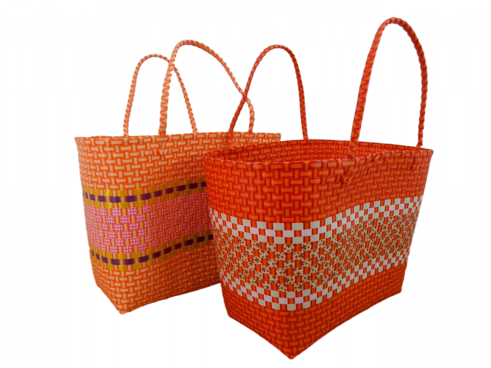 Handmade Recycled Plastic Multi Use Woven Bag - Set Of Two Orange