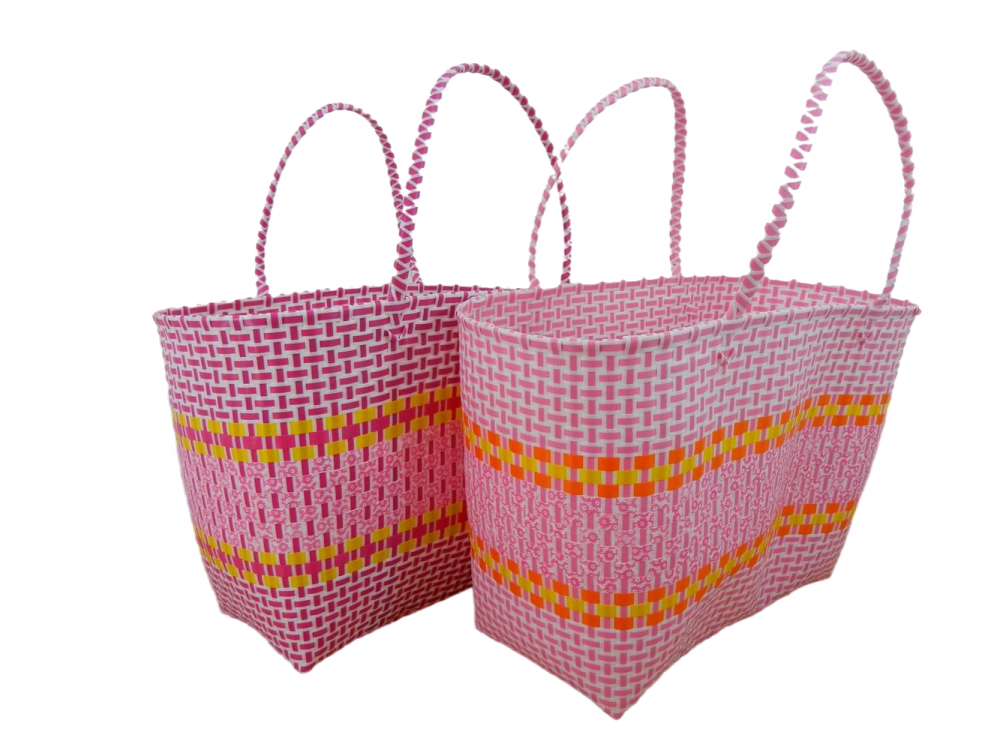 Handmade Recycled Plastic Multi Use Woven Bag - Set Of Two Pink
